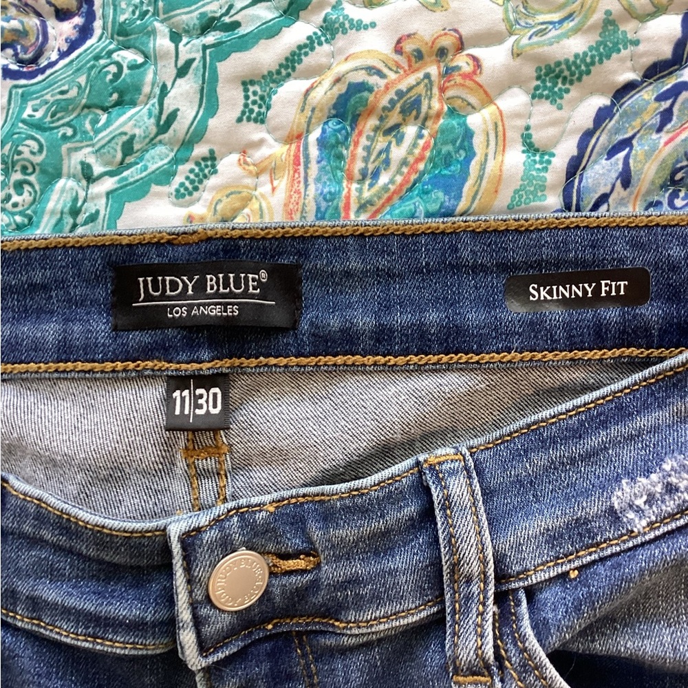 Judy Blue size 11 never worn distressed jeans with leopard patches.